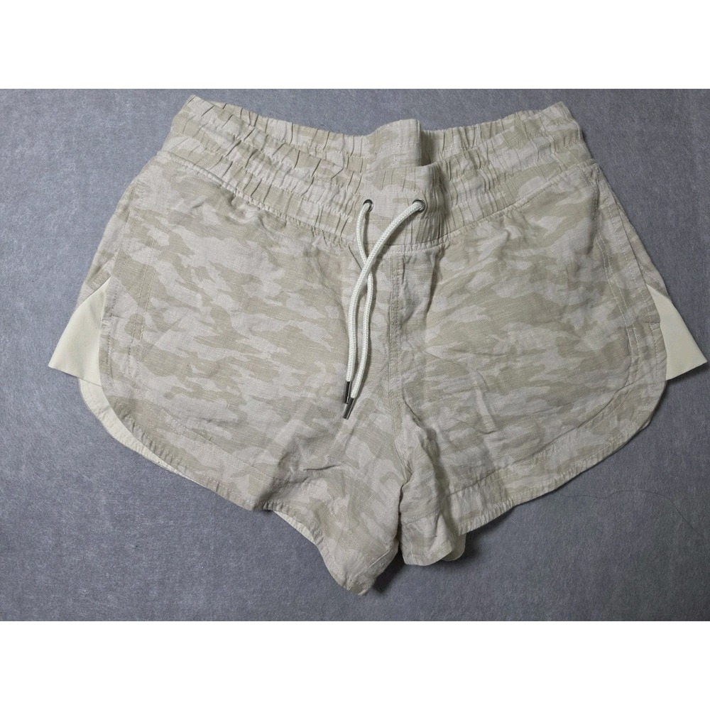 Athleta Cabo Tide Linen Shorts Womens 12 Beige Camouflage Drawstring 3in Inseam